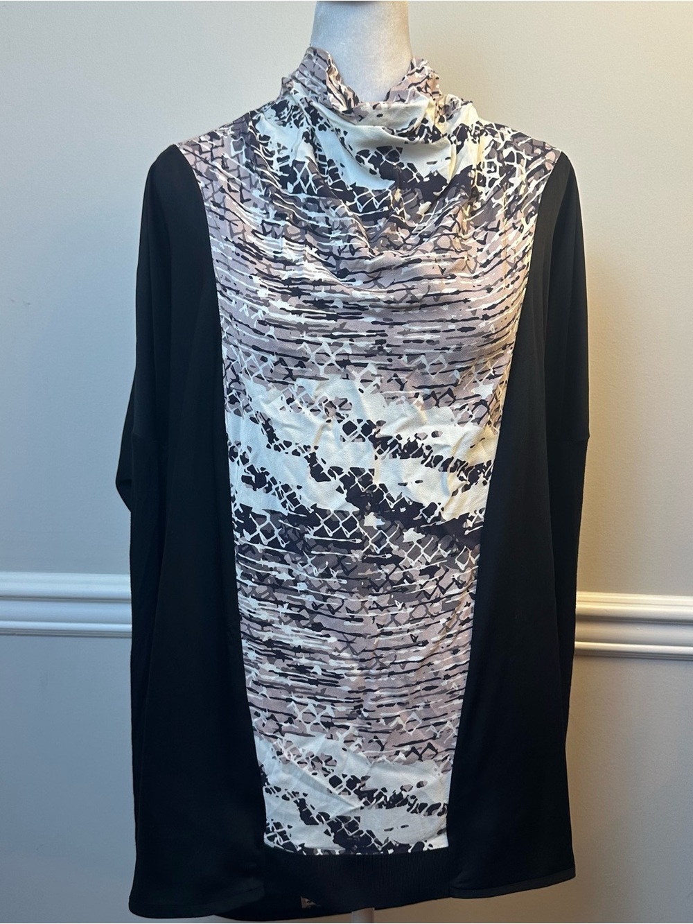 L.A.M.B. Black Panel Cowl Neck Blouse Tip with Neutral Abstract Print XS